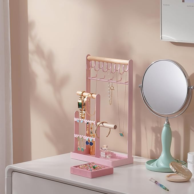 ProCase Cute Jewelry Stand, Aesthetic Jewelry Organizer for Dresser Vanity, Jewelry Holder Display for Necklaces Earrings, Gifts for Teen Girls Women, Bedroom Dorm Decor -Large, Pink