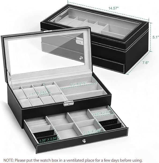 TomCare Watch Box Watch Case Jewelry Organizer Holder Jewelry Display Box Case Sunglasses Storage Organizer Lockable with Glass Top and PU Leather for Men Women, Black