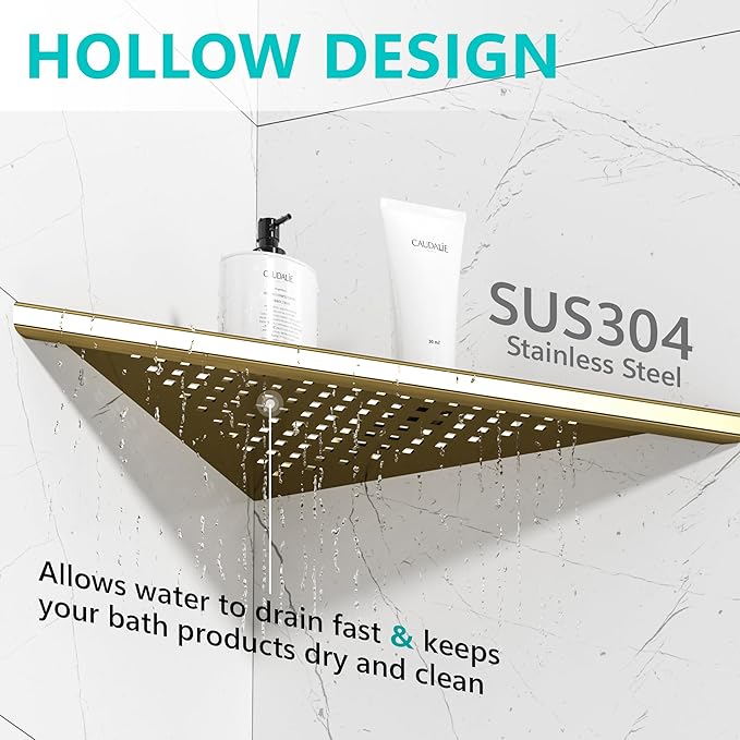 Qeke Bathroom Corner Shelf, Recessed 10" Shower Shelf Caddy, SUS304 Stainless Steel Shelf Wall Mount Triangular, No Drilling, Brushed Golden