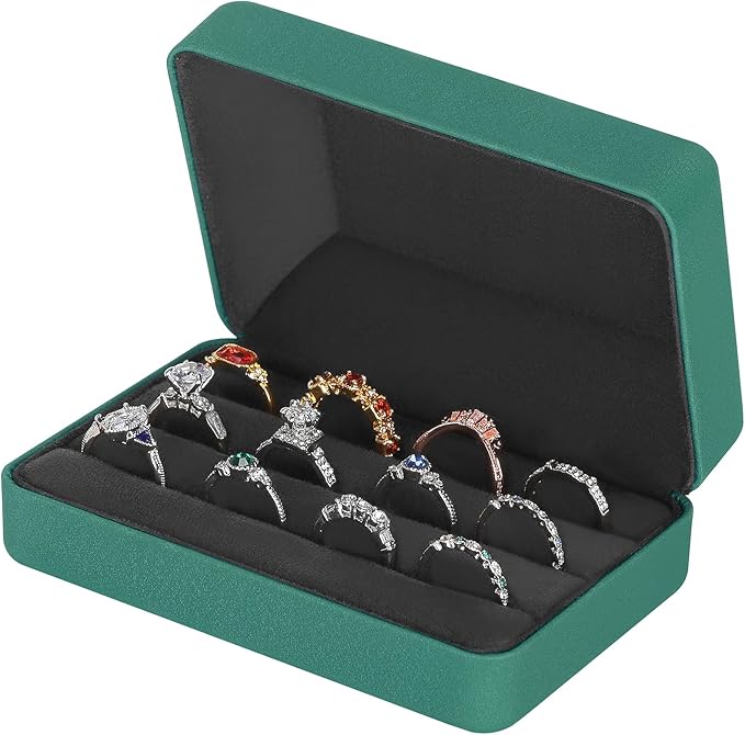 KUKUVR Velet Ring Storage Box, Travel Jewelry Case with 3 Slot Ring Display Organizer (Green)