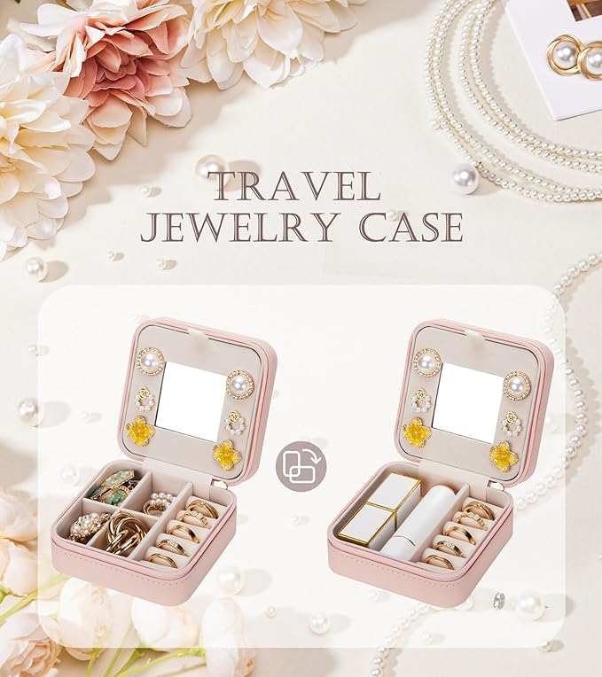 Enthralite Travel Jewelry Box for Girls: Traveling Jewelry Case Gift for Women - Mini Organizer for Necklaces Earrings Pink L