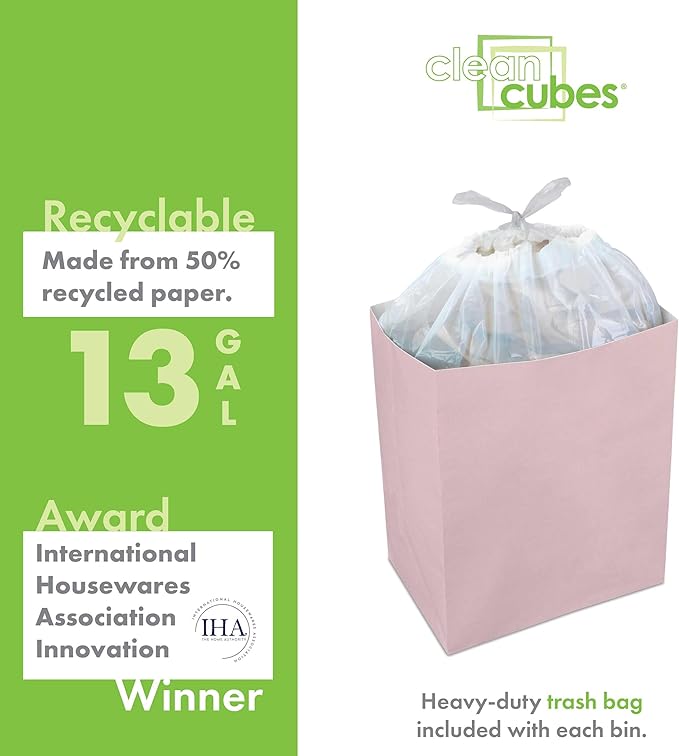 Clean Cubes 13 Gallon Disposable Pop-Up Trash Cans (3-Pack) with Fitted Bags – Foldable Garbage & Recycling Bins for Parties, Events & Kitchen (Pink, 17" H x 13.5" W x 10" D)