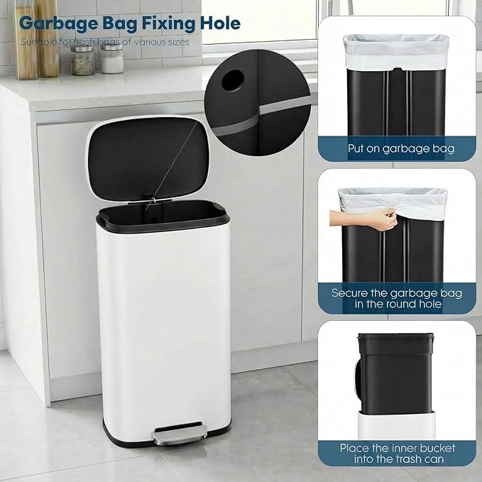 8 Gal Kitchen Trash Can, 30L Recycling or Garbage Bin, Brushed Stainless Steel Waste Basket, Soft&Quiet Close Dustbin, with Step-On Pedal, Removable Inner Bucket, for Home, Office, Living Room