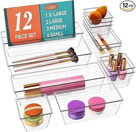 DCA 12 Pack Clear Drawer Organizer, 4 Sizes Makeup organizer, Vanity Organizer for Gadgets,Kitchen,Bathroom,Office