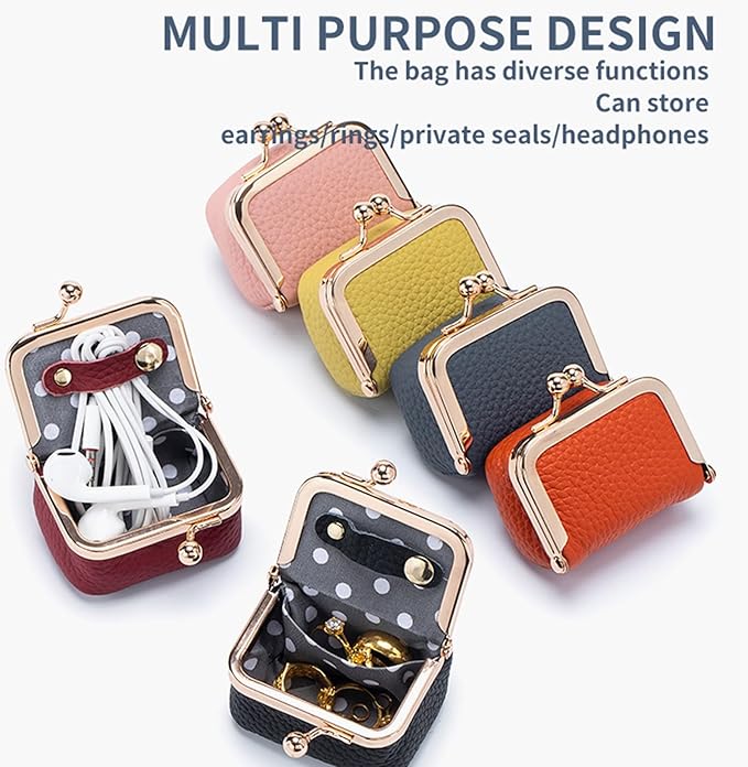 Genuine Leather Mini Jewelry Box, Portable Vintage-Inspired Genuine Leather Coin Purse Jewelry Case with Kiss Lock, Mini Travel Ring Box for Women for Earring/Ring/Necklace/Bracelet(Black)