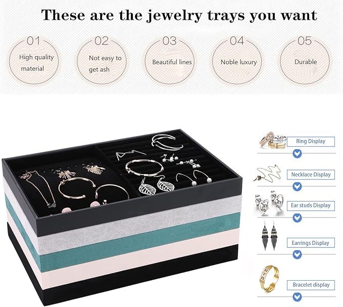 Large Velvet Jewelry Tray, Drawer Organizer for Jewelry in Dresser, Stackable Jewelry Drawer Organizer Inserts for Earring Necklace Bracelet Rings(Green,24grid)