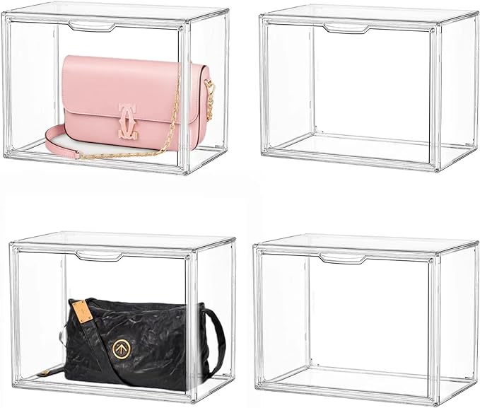 Clear Stackable Plastic Storage Bins with Magnetic Attraction Lid, Acrylic Box Display Case Showcase for Cosmetic, Large Figures Collectibles (4 Pack, X-Large)