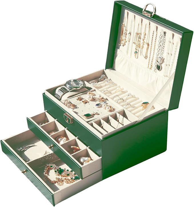 Jewelry Organizer Box PU Leather Double-Layer Pull-Out Drawer & Multiple Compartments - Premium Jewelry Storage for Necklaces, Rings, Bracelets - Nice Christmas Gift for Women, Men