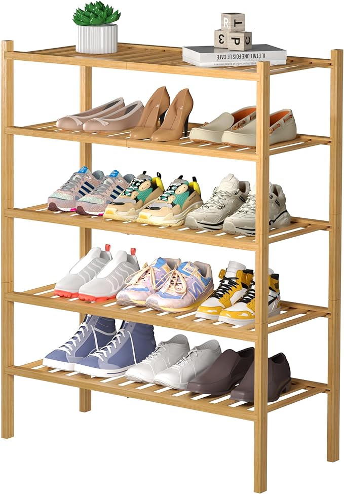 ROMGUAR CRAFT 5 Tier Bamboo Shoe Rack for Closet Free Standing Wood Shoe Shelf for Entryway Small Space Stackable 27"x11"x33" (Natural)