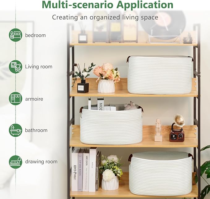 ECDYQXVU Cotton Rope Basket, Storage Baskets with Handle, 15x10x9 Inch Woven Basket for Shelves, Laundry, Towels, Clothes, Books (White 1Pack)