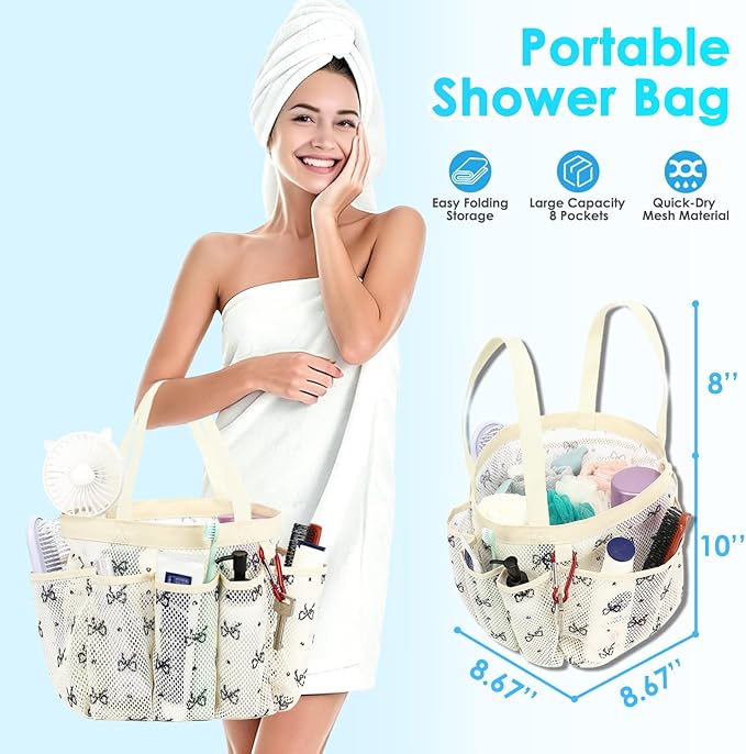 Fammart Mesh Shower Caddy Portable for College Dorm Room Essentials, 8-Pocket Large Shower Basket Tote Bag with 2 Handles for Toiletry, Bathroom, Beach, Camp, Gym