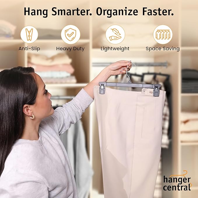 Hanger Central 30 Pack Pants Hangers Slim Plastic Clothes Hangers with Clips for Skirts, Shorts & Trousers – Non Slip Grip, Heavy Duty Space Saver with Swivel Hook – Black Closet Organizer - 12 Inch