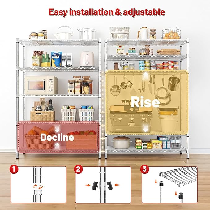 REIBII 5 Tier Metal Shelving Storage Shelves, 71''H Adjustable Wire Shelves Garage Shelving Unit for Kitchen, Pantry, Laundry Room, Warehouse, Office, 71H X 35.5W X 14D, Chrome