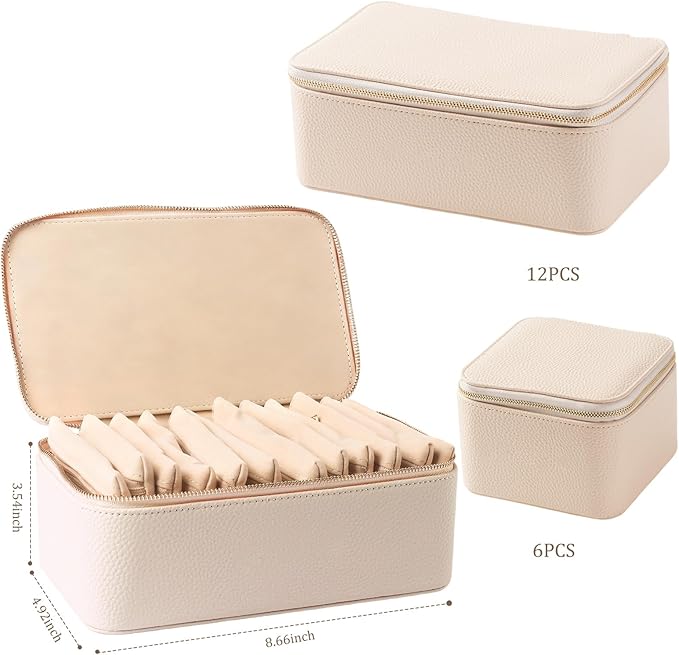 Travel Jewelry Organizer, Travel Jewelry Box with 12 Velvet Zipped Pouches Bags for Jewelries Necklaces Rings Earrings Sorting Storage for Women Girl Gifts, Ivory