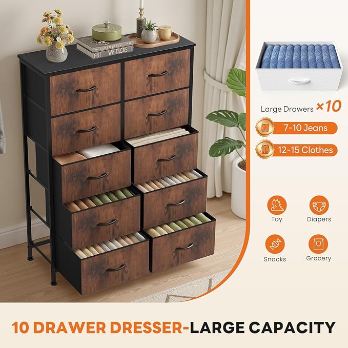 Sweetcrispy 10 Drawer Fabric Dresser Storage Tower with Bins, Tall Chest Organizer for Bedroom Closet Hallway, Steel Frame Wood Top Easy Pull Handles,Black-Brown