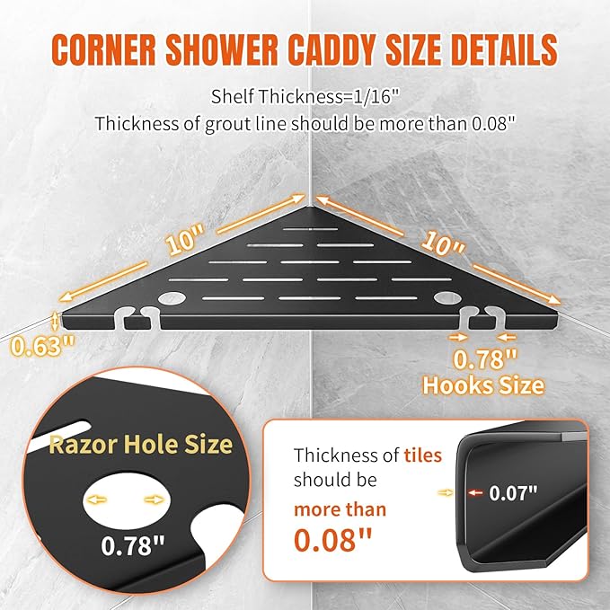 Permanent Tile-in Corner Shower Shelves with Hooks, Modern 304 Stainless Steel Shower Caddy for Bathroom Renovation & Hotel, Heavy Duty No-Drill Grout Mount Organizer for Tile Wall,10", 2 Pack