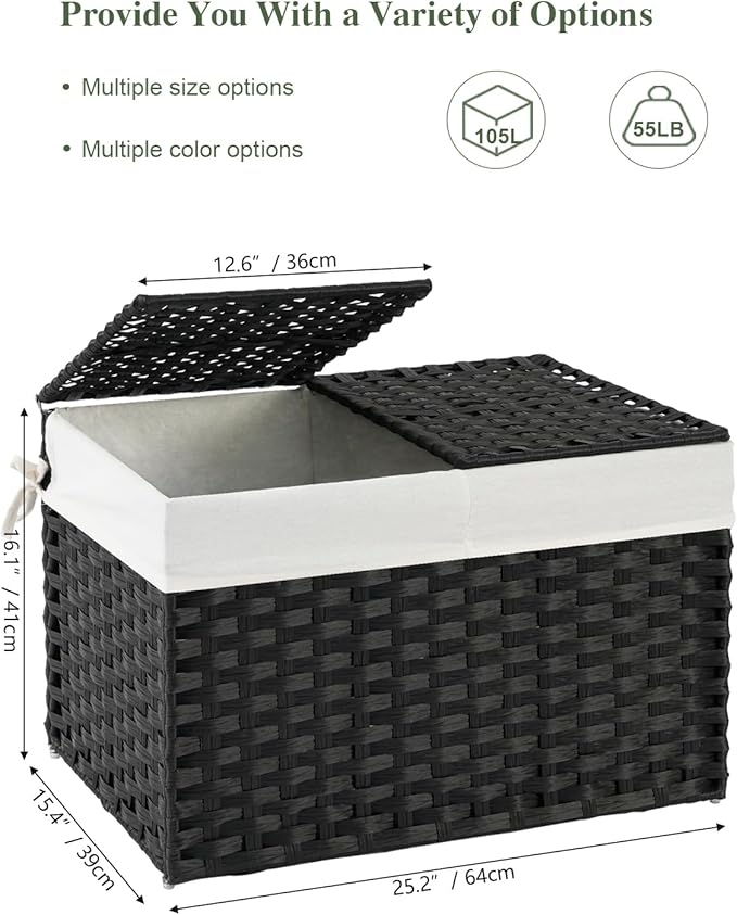 SETVSON Storage Basket with Lid Rattan Storage Basket with 2 Separate Lid, 27.8 Gallon (105 L) 25.2 * 15.4 * 16.1 Inches Woven Wicker Baskets with 2 Liners and Handles for Bedroom Laundry Black