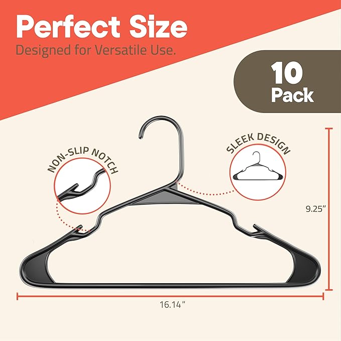 Gray Plastic Hangers 10 Pack– Heavy-Duty Plastic Hangers Slim and Space-Saving, Durable and Lightweight PP with Non-Slip Shoulder Notches for Slip Dresses, Suits, Jackets & Camisoles