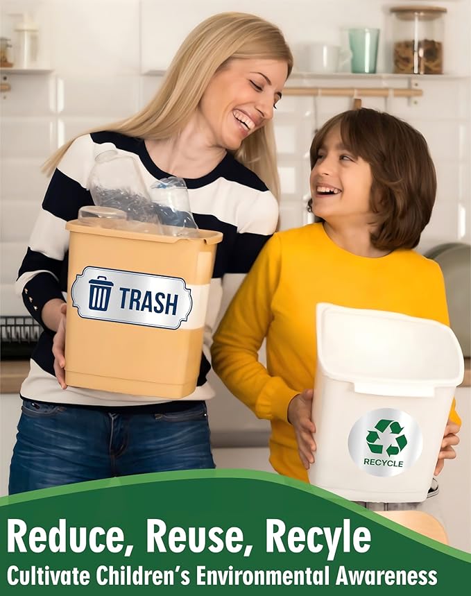 Recycle Stickers for Trash Bins 4Pcs, Waterproof Self-Adhesive Trash and Recycle Stickers for Home, Office, Hotel, Apartment, School, Recycling Signs for Indoor/Outdoor Garbage Can