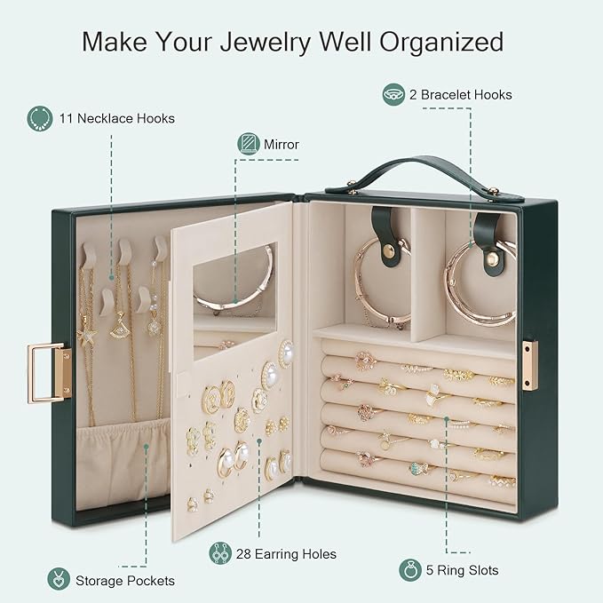 DesignSter Travel Jewelry Case for Woman, Portable Jewelry Travel Box with Mirror, PU Leather Small Jewelry Organizer with Handle for Rings Earrings Bracelets Necklaces(Dark Green & Brown)