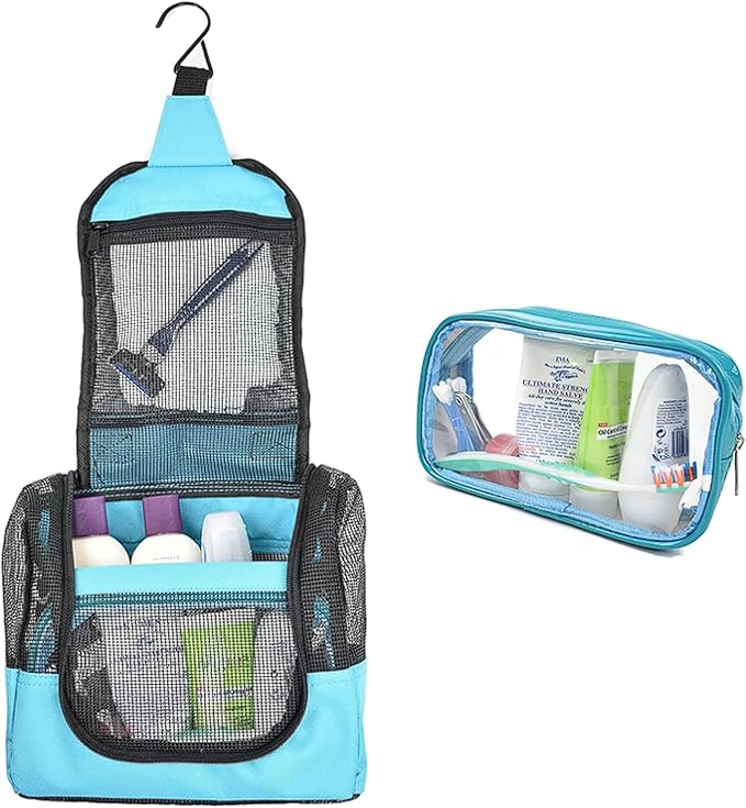 The Fine Living Co. Portable Hanging Shower Caddy Organizer Bag (Free Toiletries Case+Metal Hook) Quick Dry Mesh Shower Caddy Tote Bag Pouch For Bathroom College Dorm Camp Gym Camping 10”x4”x8”(Aqua)