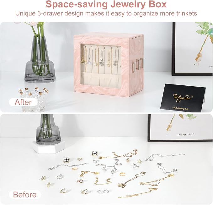 DesignSter Jewelry Box Organizer, Jewelry Box for Women, PU Jewelry Organizer Display Case with Side Drawers, Jewelry Storage for Earring Necklace Ring Bracelet Watch
