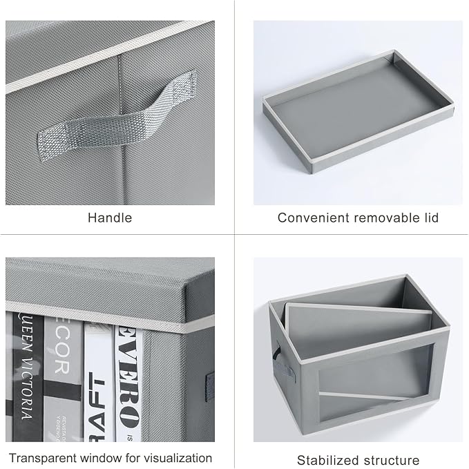 Homsorout Large Storage Bins with Lids - Stackable Cube Bins for Closet, 4 Pack Clear Windows Fabric Organizer Bins, Home Organizers and Storage for Clothes, CD, Towels, Grey