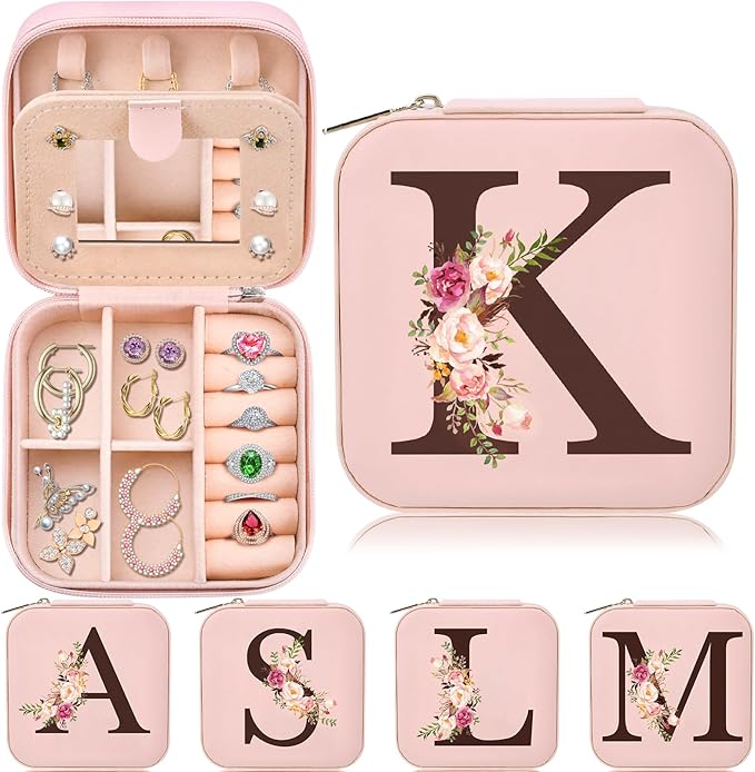 Inngeroo Christmas Gifts for Mom from Daughter Son, Personalized Birthday Giftware for Women, Mother Day Mom Gifts Small Travel Jewelry Box Travel Jewelry Organizer with Mirror, Initial K