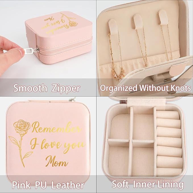 Mom Gifts Remember I Love You Mom Pink Jewelry Box Valentines Christmas Mothers Day Gifts for Moms from Daughter Son Kids Easter Birthday Gift for Moms PU Leather Portable Travel Jewelry Case