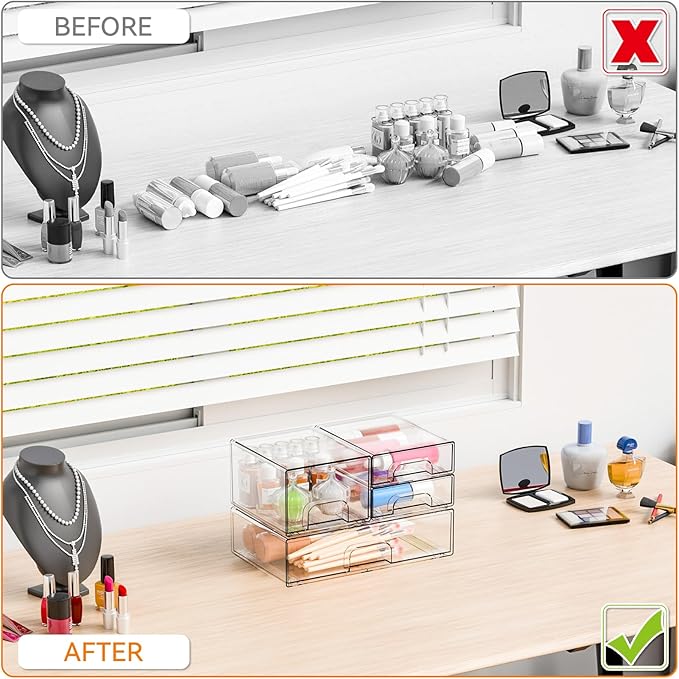 Yieach 4 Pack Clear Stackable Storage Drawers,Pull-Out Medicine Cabinet Organizer and Containers,Large Acrylic Organizers Drawers and Bathroom Closet Organizers for Hair Accessories,Makeup Organizer