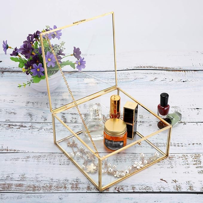 Hipiwe Vintage Glass Jewelry Organizer Box - Golden Metal Keepsake Box Desktop Jewelry Organizer Holder Wedding Birthday Gift Square Vanity Decorative Box for Dresser,6.3"x 6.3"x 3.35"