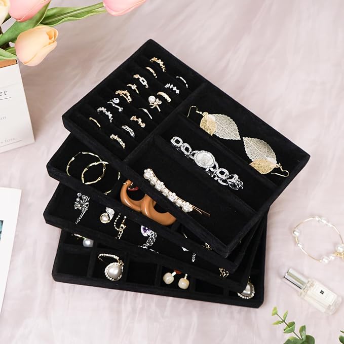 Cirhy 4 Stackable Jewelry Trays Organizer Set for Drawer, Jewelry Organizers and Display Case Storage, Velvet Drawer Inserts Organizer for Necklace Bracelets Earrings Organizer, Gift For Her, Black