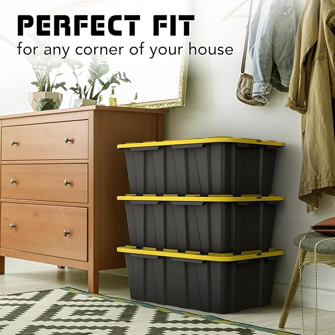 8 PACK Medium Black & Yellow Storage Bins | Plastic Tote Organizing Container with Secure Latching Lids, Stackable, Extra Strength with Built in Handle | Black and Yellow Bins | 24.5" x 16.5" x 9"