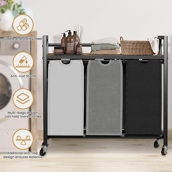 SwaaVee Laundry Hamper, Laundry Basket, Laundry Sorter with 3 Removable Bags, Clothes Basket with 3 Compartments, Wheels, Shelf for Laundry Room Bathroom Bedroom (3 Bags-Black Grey White)