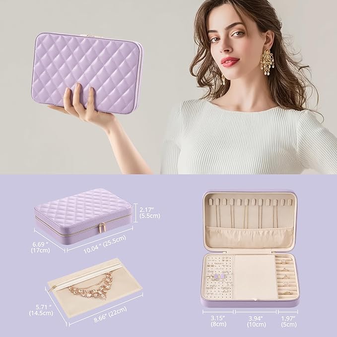 Lolalet Travel Jewelry Case for Women Girls, Travel Jewelry Organizer Box with Mirror & Clear Storage Bag, Small Portable Earring Necklace Bracelet Ring Case, Birthday Valentine Gifts -Large, Purple