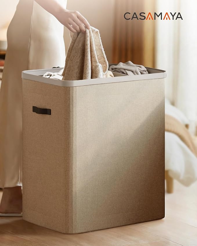 CASAMAYA Laundry Basket with Lid, Laundry Hamper 3 Section, 190L collapsible Laundry Organizer, Easy Assembly, with Handles and Removable Liners, 25.2 x 15.7 x 29.5 Inches, Beige JSP904M