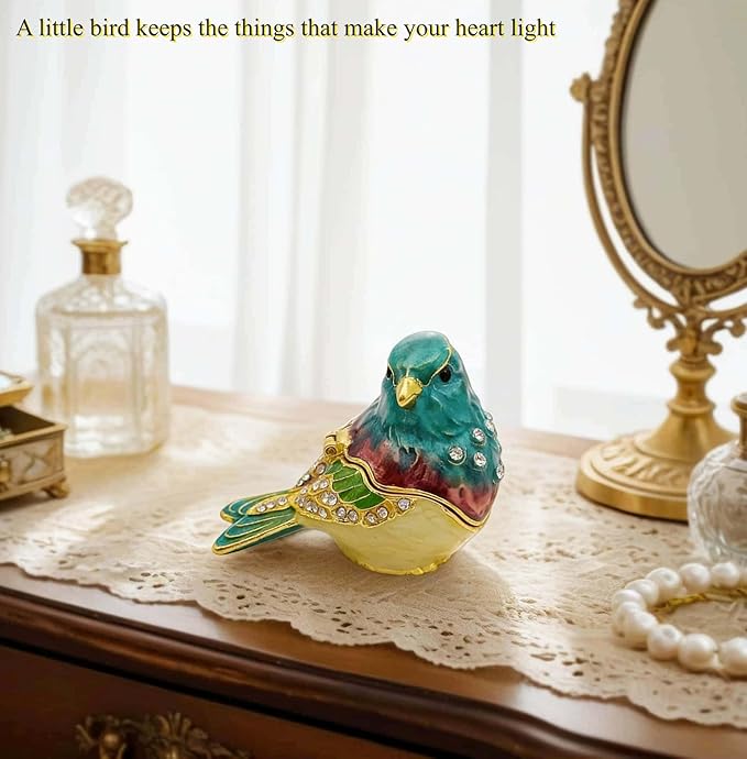 Turquoise Green Bird Trinket Boxes Hinged,Bird Decor with Crystals Enamel Jewelry Box.Necklace Ring Box Earrings Storage.Collectible Birds Lover Gifts Figurines Home Decor