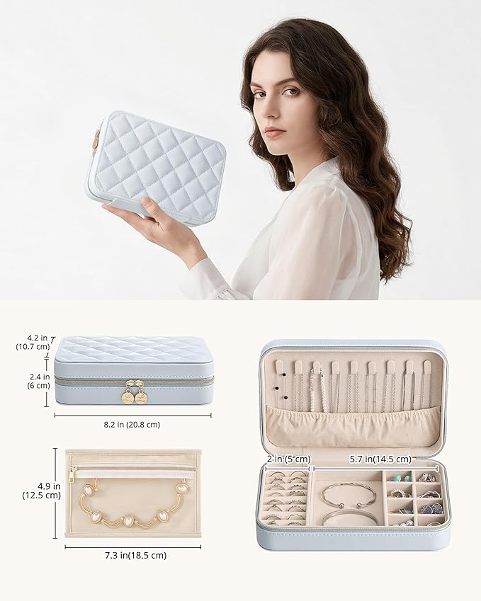 Lolalet Travel Jewelry Case for Women Girls, PU Leather Jewelry Organizer with Clear Storage Bag Small Portable Jewelry Box for Necklace Bracelet Earring Ring Mothers Day Birthday Gifts -Large/Blue