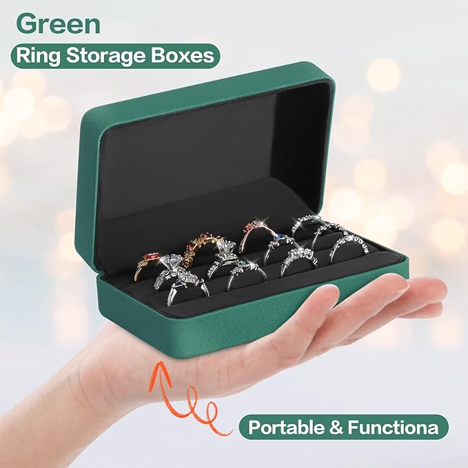 KUKUVR Velet Ring Storage Box, Travel Jewelry Case with 3 Slot Ring Display Organizer (Green)