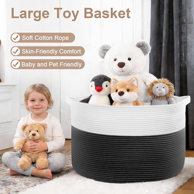 XXL Large Laundry Basket, 90L Soft Cotton Rope Basket, Blanket Storage and Organizers, Baby Nursery Laundry Hamper, Extra Large Toys Storage Bins for Kids 23'' x 13'', White & Black