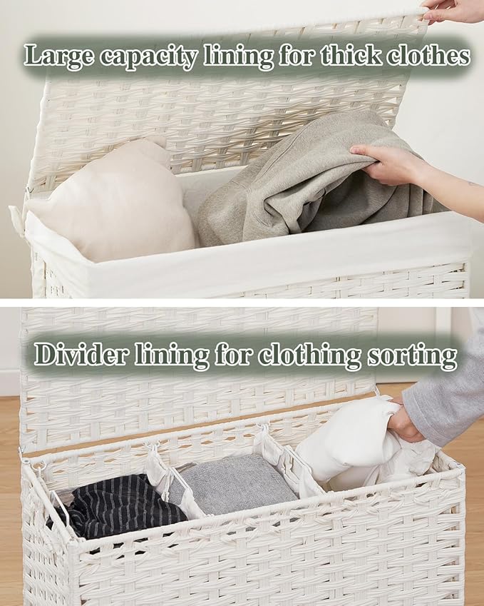 SETVSON Laundry Hamper with Lid Laundry Basket 132 L (35 Gal) Wicker Clothes Hamper, Handwoven Rattan Hamper with Handles and 4 Removable Liner Bags, 6 Mesh Bags for Laundry Bedroom White
