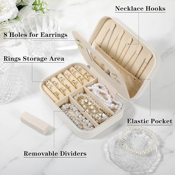 2-Pack PU Leather Travel Jewelry Organizer Cases with Mirror for Women, Portable Velvet Jewelry Box Set for Earrings, Rings, Necklace, Bracelet - Luxury Gift Set (Beige)