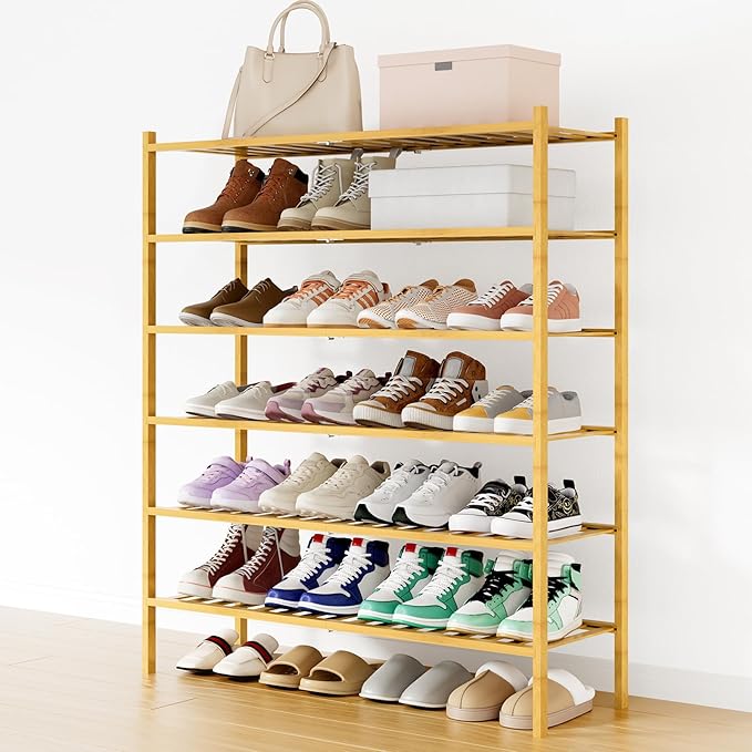 Smiry Shoe Rack, 6 Tier Long Bamboo Shoe Organizer, Stackable Free Standing Wooden Shoe Storage Shelf for Closet, Entryway, Front Door Entrance, Natural