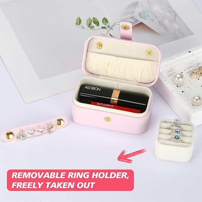 KUKUVR Small Travel Jewelry Box, Mini Jewelry Holder for Multiple Rings Necklace Earrings Lipstick, Portable Jewelry Storage Organizer Case with Removable Ring Slot (PINK)
