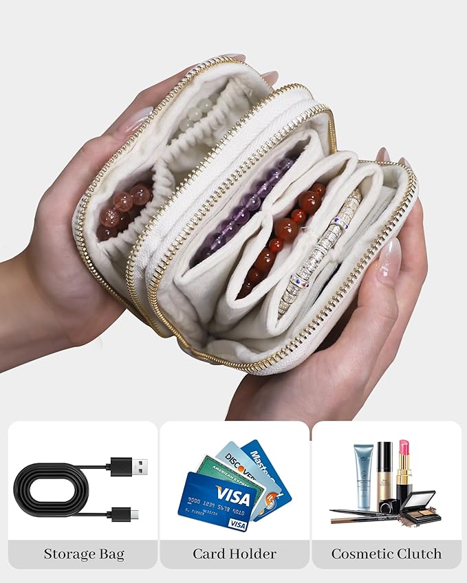Stratalife Travel Jewelry Case Organizer 2-Layer Compact Storage Bag for Rings Earrings Necklace Bracelet Portable Velvet Jewelry Pouch with Zippers Travel Essential Gift for Women Cream White