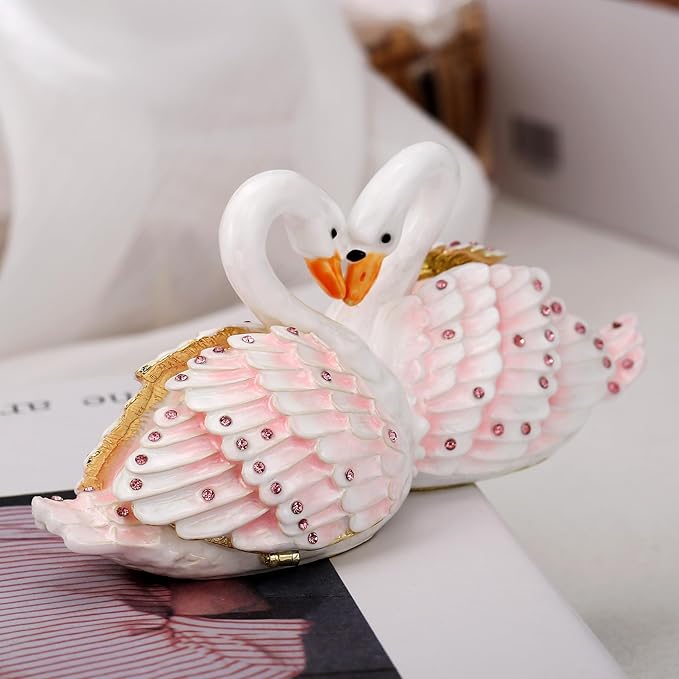 Hand Painted Animal Trinket Box for Home Decor, Hinged Jewelry Organizer Storage, Unique Personalized Collectible Keepsake Figurine Handmade Decorative Ornament Gifts (Swan Couple)