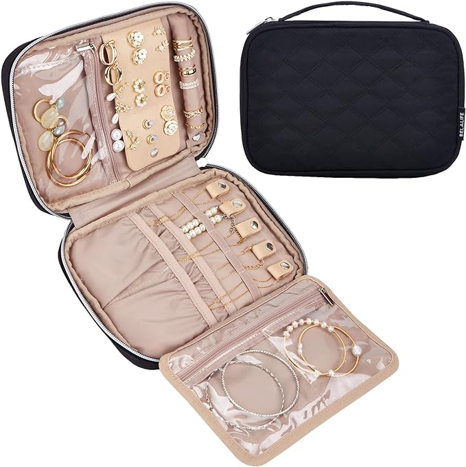 BELALIFE Travel Jewelry Organizer, Portable Storage Case for Earrings, Rings, Necklaces, Bracelets, Black