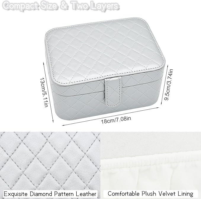 Jewelry Travel Case, 2-Layer Jewelry Box Organizer Medium Jewelry Travel Box, Portable Faux Leather Jewellery Storage Boxes with Argyle for Women, Daily Jewellery Case Home Use (Silver gray)