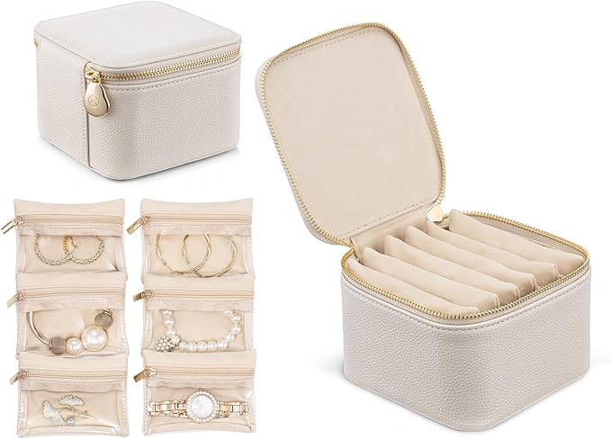 VLANDO Travel Jewelry Box Organizer – Portable PU Leather Jewelry Case with 6/8/12 Zippered Pouches, Compact Storage for Earrings Rings Necklaces Bracelets, Offwhite