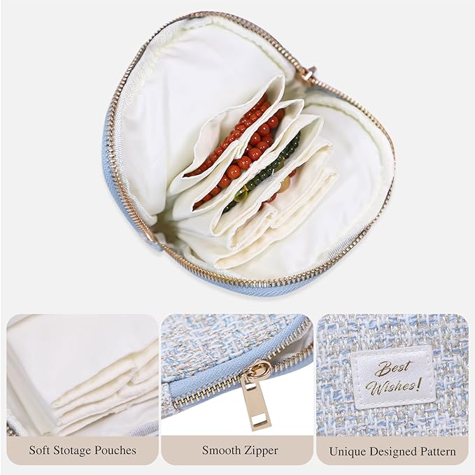 Stratalife Travel Jewelry Case Organizer for Women Portable Jewelry Box with Small Pouches for Gemstones Healing Crystal Bracelets, Necklace Bangles Storage, Pendants Ring Holder Zipper, Quilted Blue